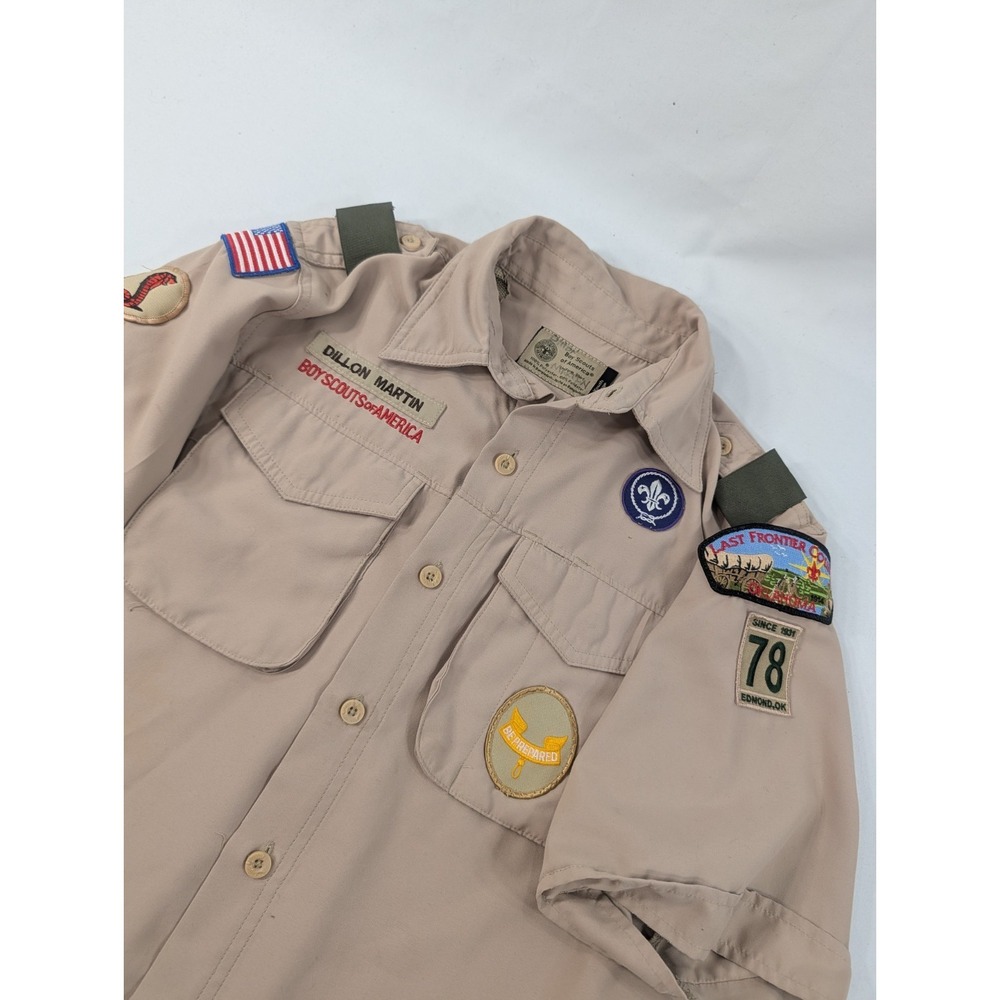 Boy Scouts of America BSA Youth Large Shirt Tan Medium 10-12 Sewn Patches